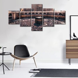TUMOVO Mecca Mosque Wall Art Decor Mecca Saudi Arabia Canvas Wall Paintings 5 Piece Canvas Pictures Muslim People Home Decor for Living Room Artwork for Home Walls Framed Ready to Hang (50''Wx 24''H)
