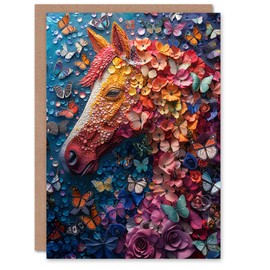 Artery8 Birthday Card Butterfly Flower Horse Nature Collage Mosaic for Child Kids Greeting Card