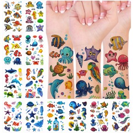 allydrew Waterproof Glitter Temporary Tattoos, Birthday Party Favors and Supplies, Goodie Bag Fillers, 12 Sheets Ocean Animals