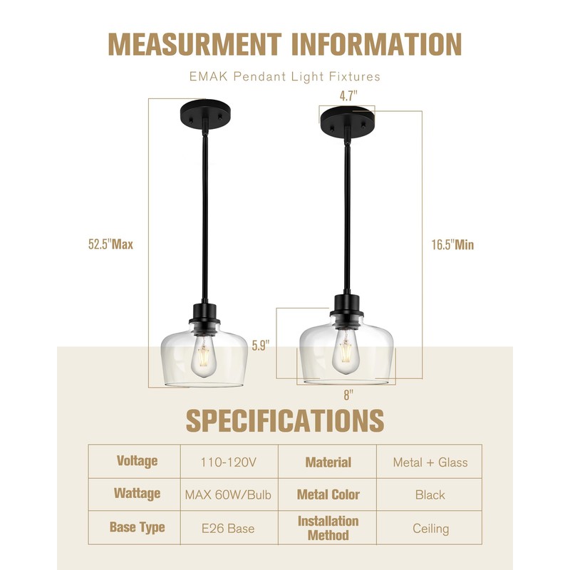 Emak Modern Black Pendant Lights, 8 Inch Kitchen Pendant Lighting