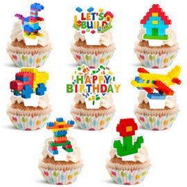 24-Piece Building Block Brick Themed Birthday Party Cupcake Toppers Decorations for Kids Adults Boy Girl Party Supplies