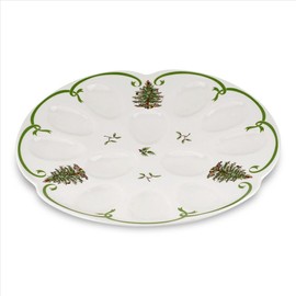 Spode Christmas Tree Deviled Egg Plate, 13 Inch Holiday Egg Serving Platter - Christmas Tree & Mistletoe Motif, Fine Porcelain Tableware, Dishwasher Safe Appetizer Tray, Festive Serveware