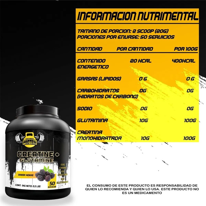 Guns Creatina Glutamina Polvo 1kg Suplemento Fitness