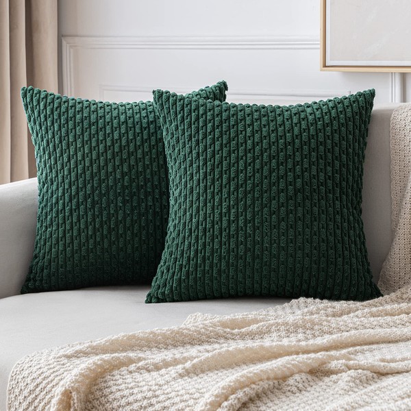 Miulee Corduroy Cushion Cover, Decorative Cushion Cover, Modern Sofa Cushion, Decorative Cushion, Couch Cushion, Soft for Sofa, Living Room, Bedroom, Set of 2, 50 x 50 cm, Dark Green