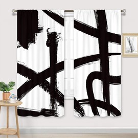 Black White Abstract Modern Geometric Living Room Bedroom Window Curtains
