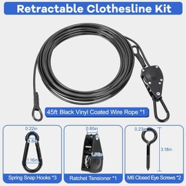 TooTaci 45ft Outdoor Clothesline Kit, 3/16" Black PVC Coated Wire Rope Retractable Clothes Line Kit with Self-Locking Pulley, Screw Hook & Snap Hook for Camping, Backyard, Balcony