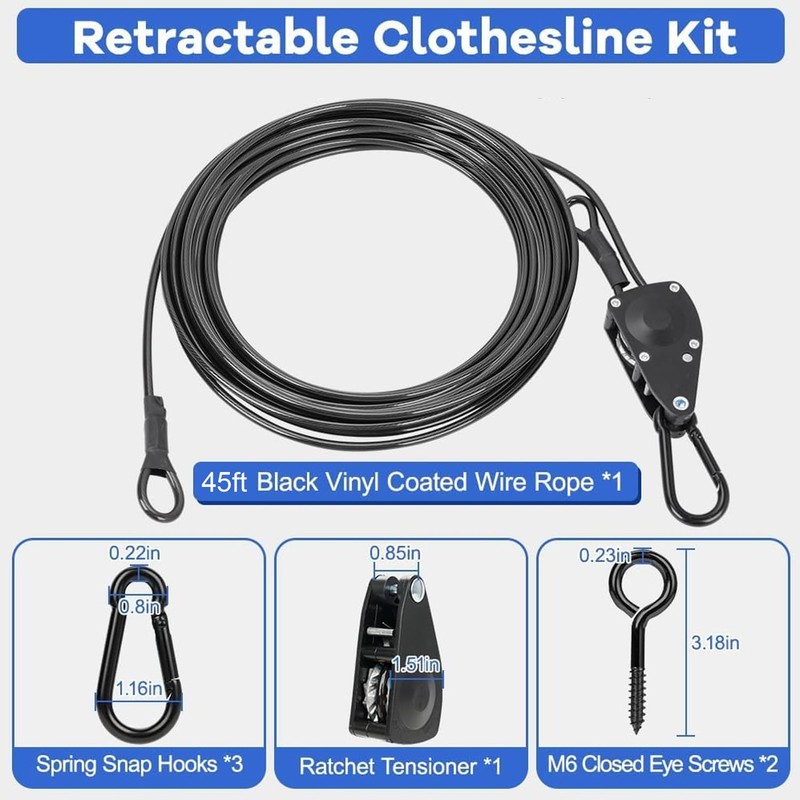 TooTaci 45ft Outdoor Clothesline Kit, 3/16" Black PVC Coated Wire