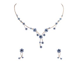 Faship Gorgeous Navy Blue Rhinestone Crystal Floral Necklace Earrings Set