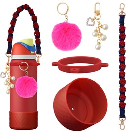 Silicone Boot Set Accessories for Owala Water Bottle 40 oz, Including Handle Strap Protective Sleeve Plush Ball Keychains for FreeSip, Twist, and Flip Stainless Steel Water Bottles(Dark Red)