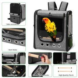 Sanmoncare Bird Carrier Backpack, Parrot Travel Bag with Stand, Lightweight Travel Cage for Cockatiel, Portable Bird Travel Carrier, Pet Transparent Breathable Travel Cage Large