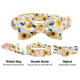 Elegant little tail Dog Collar, Sunflower Print Pet Collar Bow Girl Dog Collar with Bow Cotton Dog Collar Bowtie Adjustable Soft Bow tie Dog Collars for Large Dogs