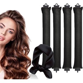 4PCS Heatless Curling Rods, Heatless Blowout Rods with Satin Silk Head Hair Scarf - No Heat Hair Rollers for All Hair Types - DIY Overnight Blowout Rods (Black, One Size)