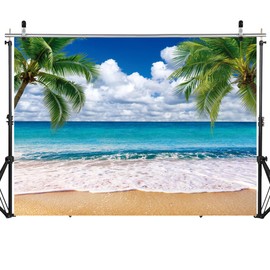 SJOLOON Summer sea Backdrop Tropical Beach Plants Photo Backdrop Hawaiian Ocean Blue Sky Background for Theme Party Supplies Studio Props 12692(7x5FT)