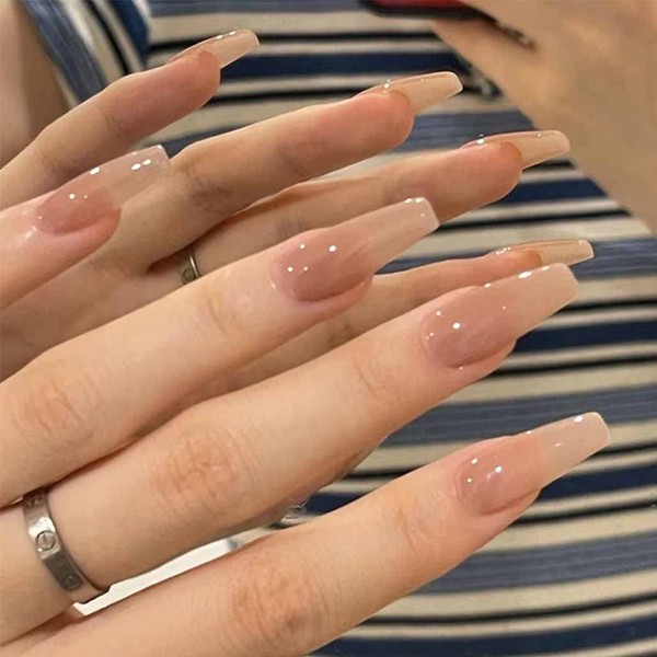 Foccna Coffin Press on Nails Nude Long Acrylic Artificial Nails