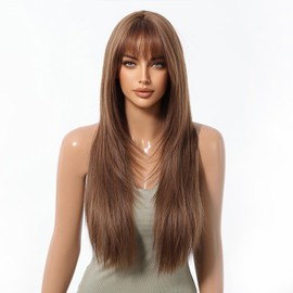 Cemuto Brown Synthetic Wig with Bangs Glueless Long Straight Layered Wigs for Women 28 Inch