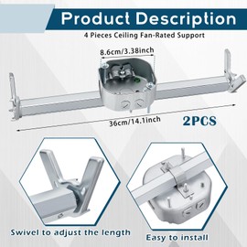 Therwen 2 Pcs Adjustable Fan Electrical Box Brace 14.2 Inches Long Silver Ceiling Fan Mounting Bracket for Fans and Light Fixtures
