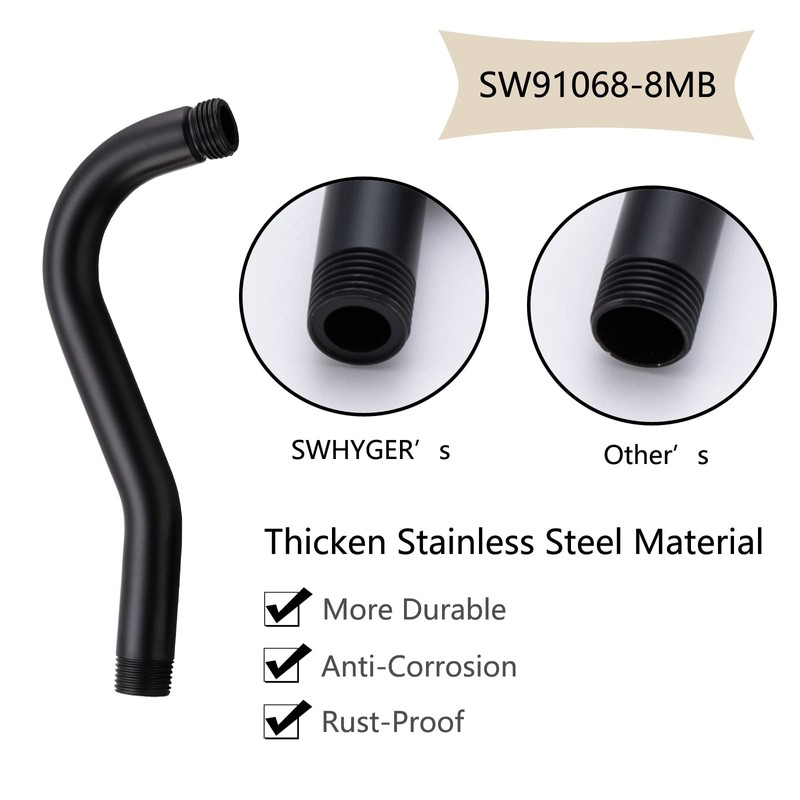 Curved Shower Arm with Flange,SWHYGER 8-Inch S-Shape Stainless Steel Top