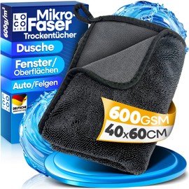 LOCO BIRD Absorbent Dry Towel Shower 600 GSM - 40 x 60 cm Fast Dry Microfibre Cleaning Cloth for Bathroom - Microfibre Cloth in Grey - Car Drying Towels XXL - Microfibre Cloths Large - Simply Shiny