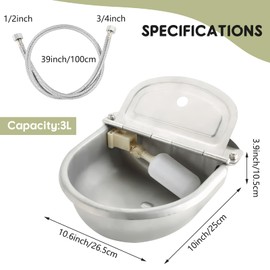 NATGAI Automatic Waterer Bowl with Float Valve and Braided Hose | Stainless Steel Stock Horse Cattle Goat Sheep Dog Waterer for Livestock Dog Goat Pig (Without Drainage Hole)