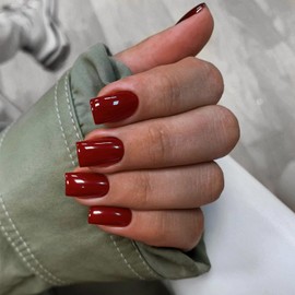 Wine Red Press on Nails Short Medium Square Glue on Nails Set,Xcreando Summer Square Fake Nails Short Coffin Nails Press ons Gel Nails Medium Length False Nails For Women 24 Pcs