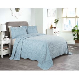 Superior Aspen Cotton Blend 3 Piece Bedspread Set, Oversized Bedspread, 2 Pillow Shams, Medium Weight Blanket, Home Bed Decor, Floral Scalloped, Matelasse Coverlet, Bedding Essential, King, Light Blue
