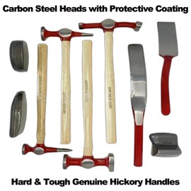 RQG 9pcs Auto Body Hammer and Dolly Set, Heavy Duty Car Dent Repair Kit, Carbon Steel Auto Body Repair Tools, Strong Hickory Wood Handles for Fender Bumper Dent Removal, DIY Metalworking