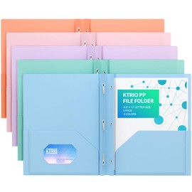 KTRIO Plastic Pocket Folders with Prongs, Colored Heavy Duty Pocket Folders with Business Card Slot, Letter Size, File Fasteners, for School Office