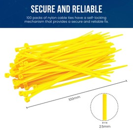 Abacus Range Small Cable Ties 2.5mm x 100mm, Pack of 100, Secure Self-Locking, 4” Nylon Zip Ties, High Tensile Strength Premium Yellow Cable Tie for Home, Office, Cables, Wires, Garden, DIY Projects
