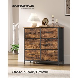 SONGMICS Dresser for Bedroom, Chest of Drawers, TV Stand, Steel, MDF, 6 Non-Woven Fabric Drawers, Storage Organizer Unit, Closet, Entryway, Rustic Brown and Ink Black ULGS123B02S