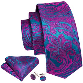 Barry.Wang Men's Silk Paisley Ties with Handkerchief Cufflink Tie Set Festive Wedding 3 Pieces, Purple Teal