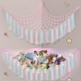 Teddy Hammock with LED Light, Boho Decor Plush Toy Storage Net, Teddy Bear Soft Toy Storage, Hand Woven Plush Macrame Toy Hammock for Stuffed Animals Pale Pink