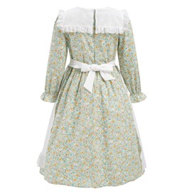 FORTMAC Prairie Dress Girls Pioneer Colonial Costume Floral 1800s Pilgrim Costume with Apron and Bonnet Green 11-12Y