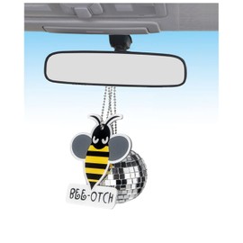 Fashion Bumblebee Car Pendant Decor Ornament Hanging Gift Rear View Mirror Accessories Auto Interior Dangle (Bumblebee3.4 x 3.2 x 0.15 inches) (bee+Mirror Ball, Ball Diameter 1.9inches)