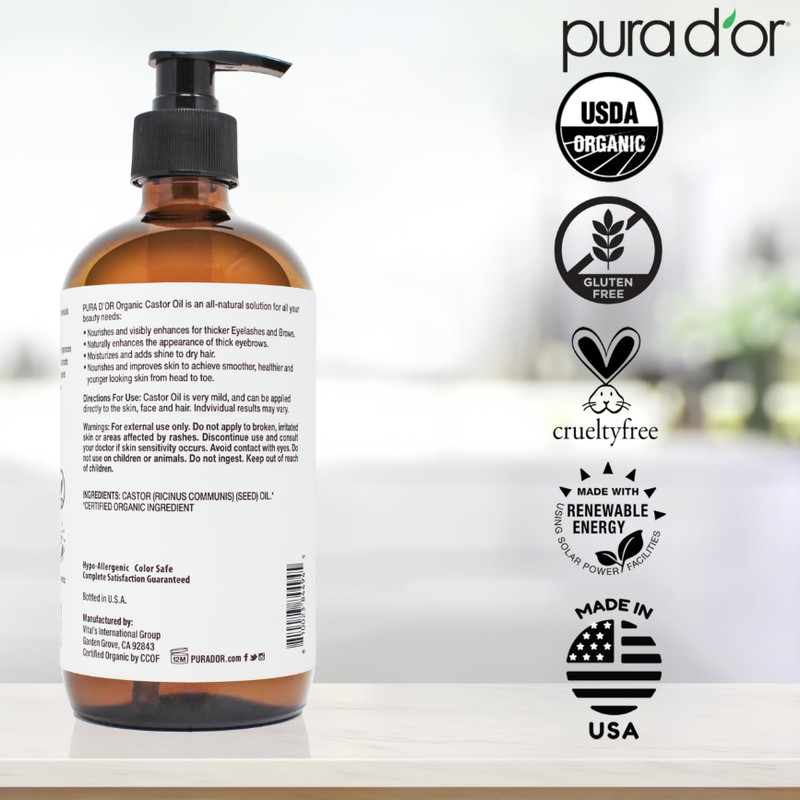 PURA D'OR 16.9 Oz ORGANIC Castor Oil (GLASS BOTTLE) 100%