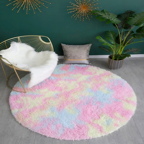 TSLBW 120 * 120 cm Round Fluffy Area Rug, Round Soft Shaggy Rugs, Faux Fur Rug Soft Bedroom Rugs, Rainbow Area Rugs for Kids Baby Girls Bedroom Nursery Home Decor