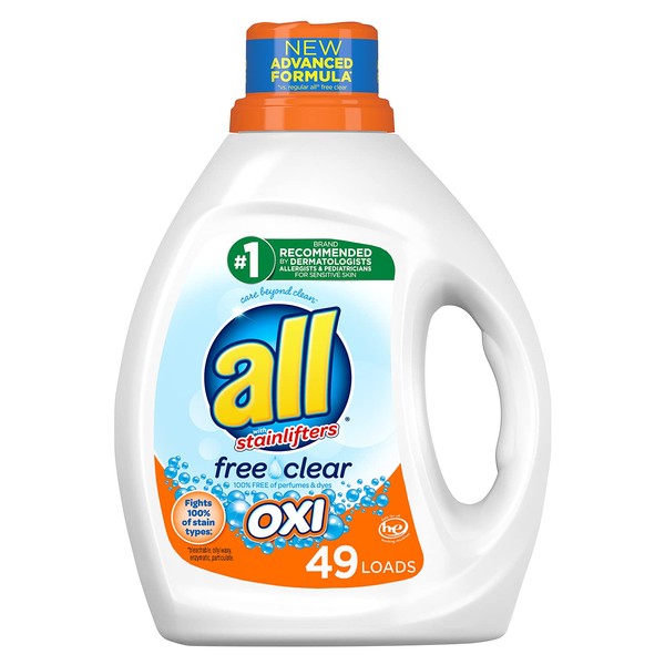 All Liquid Laundry Detergent with Oxi Stain Removers and Whiteners, Free Clear, 49 Loads, 88 Fluid Ounce