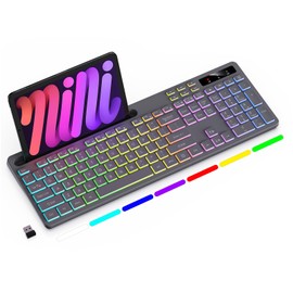 Soueto Wireless Keyboard with 7-Color RGB Backlit, Full-Size Computer Keyboard with Phone Tablet Holder, 2.4G Rechargeable Gaming Keyboard with Light Up Keys, Compatible with Mac, Windows (Grey)