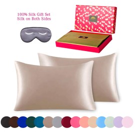 BlueHills Luxury Silk Pillowcase Gift Set - 100% Pure Mulberry Natural Soft Both Sides Silk Pillowcase 2 Pack for Hair and Skin & 1 Pure Silk Eye Mask Gift Box 3 piece Set Light Bronze Queen Size Q015