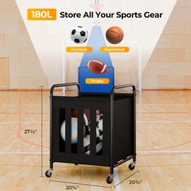 StorageWorks 180L Ball Storage with Wheels, Ball Cart for Garage, Garage Sports Equipment Organizer with Hooks, Balls Organizer for Basketball, Football, Volleyball