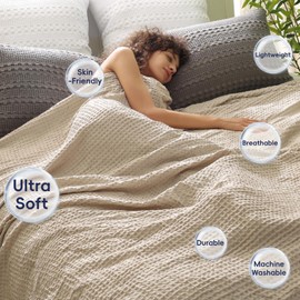 PHF Ultra Soft Waffle Weave Blanket King Size 104"x 90"- Washed Lightweight Breathable Cozy Woven Blanket Perfect for Spring Summer - Great Decor for Couch Bed Sofa Home Car - Khaki