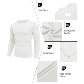 Ekouaer Men's Long Sleeve Shirts Honeycomb Waffle Pullover Sweater Crewneck Thermal Tops Lightweight Undershirts White M