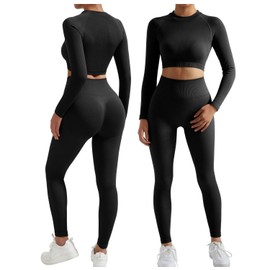 RXRXCOCO Seamless Workout Sets for Women 2 Piece Hidden Scrunch Butt Lifting Leggings Raglan Sleeves Crop Tops Matching Black Medium