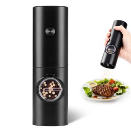 Electric Pepper Grinder or Salt Mill, Battery Powered Automatic Pepper Mill, Ceramic Grinder with Adjustable Coarseness, LED Light, One Hand Operation (1 pack)
