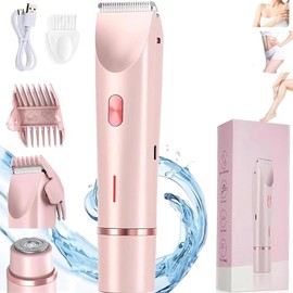 Oceantree Bikini Trimmer for Women, Electric Shaver and Razor Rechargeable 2-in-1 Body and Facial Epilator, Dual Heads for Painless Trimming of Pubic Hair, Face, Underarms and Legs, Summer Gift:_Pink