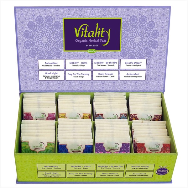 Adanim Bio Organic Herbal Teas Vitality Gift Box sampler (8 Flavors Assortment, 8 Tea bags each) 64 Individually wrapped Tea bag, Caffeine Free with variety of Health Benefits, Certified USDA, KOSHER
