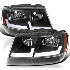 Spec-D Tuning Black Housing Clear Lens Headlights with Fiber Optic LED Strips Compatible with 1999-2004 Jeep Grand Cherokee, Left + Right Pair Headlamp Assembly