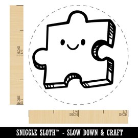 Happy Cartoon Puzzle Piece Self-Inking Rubber Stamp Ink Stamper for Stamping Crafting Planners - 1/2 Inch Mini - Orange Ink