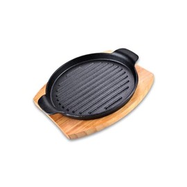 YYJINGYOU Skillet with Cast Iron Steak Plate Set with wood (Striated circle, 9.5 inches)