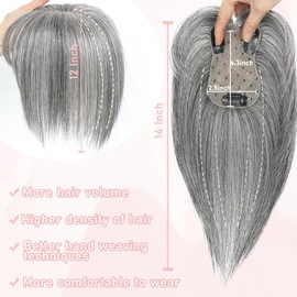 EROADE Hair Toppers for Women Real Human Hair, 3D Human Hair Toppers for Women with Thinning Hair 165% Density Hair Topper Middle Part Clip in Bangs Toppers Hair Pieces (Grey, Wispy Bangs)