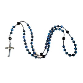 BJ BshuxiuJ Elegant Stone Rosary Necklace with Black Agate and Hematite Beads – Handcrafted Rosary Bead Cross Necklace for Men (Blue Tiger Eye Rosary)
